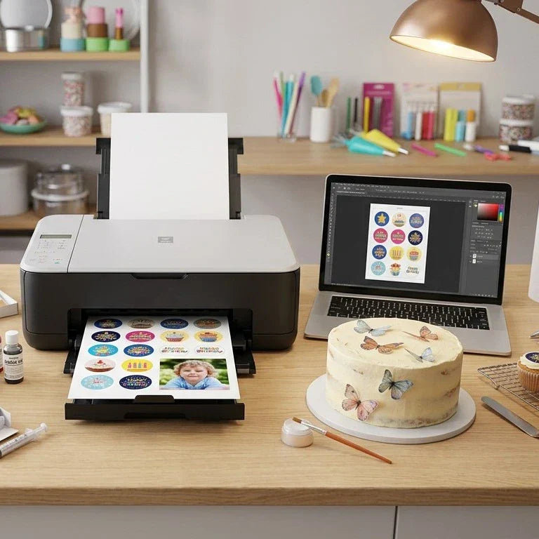 A printer is printing an icing sheet with edible ink