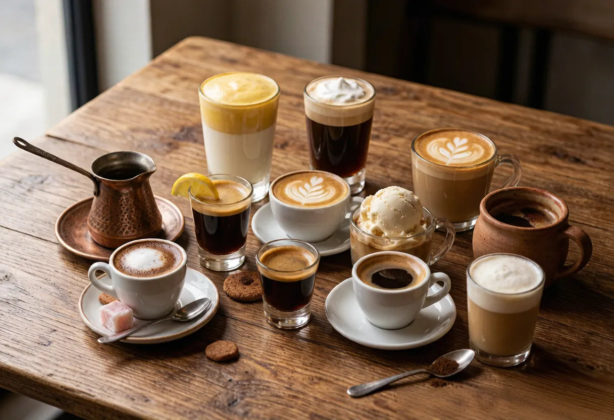 A wooden table displays diverse coffee drinks—espresso, latte, Turkish coffee, affogato—and sweets like lokum and cookies.