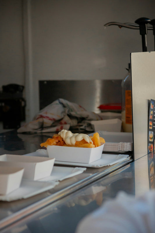 a tray of food sitting on a counter